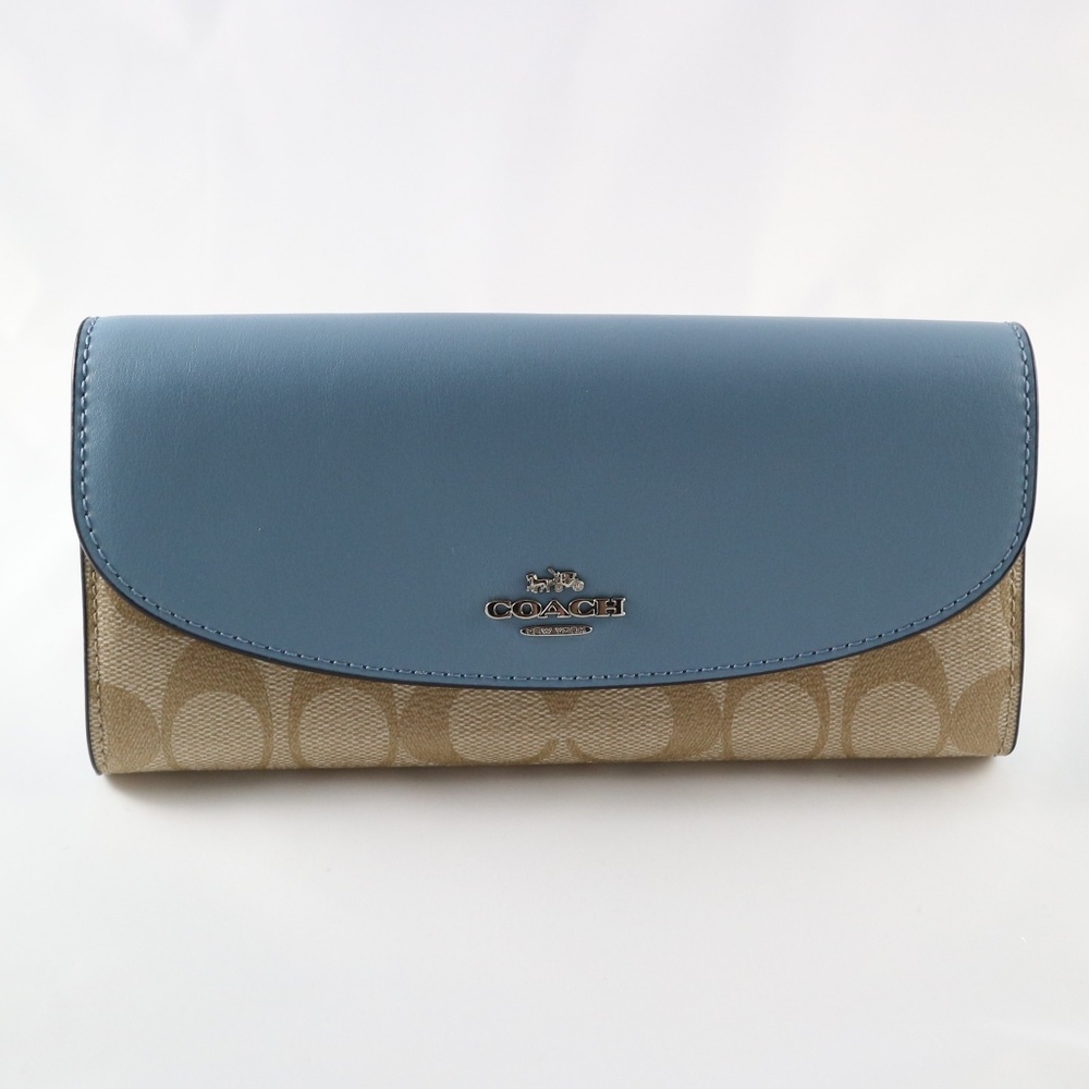 Coach Slim Envelope Wallet, Cornflower Blue and Light Brown PVC Signature Print